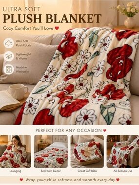 Queen 90”x90” Ultra Soft Plush Blanket by Love Always (Red Floral)